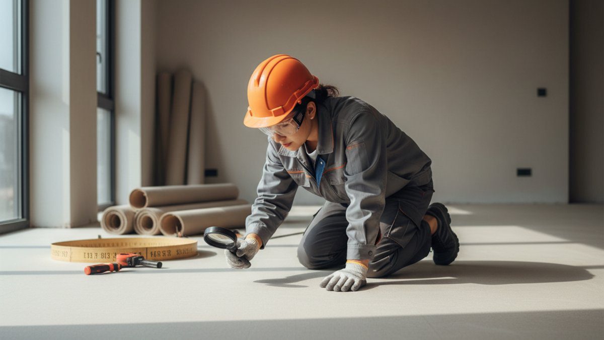 Thợ kiểm tra tổng thể mặt bằng trước khi lắp sàn