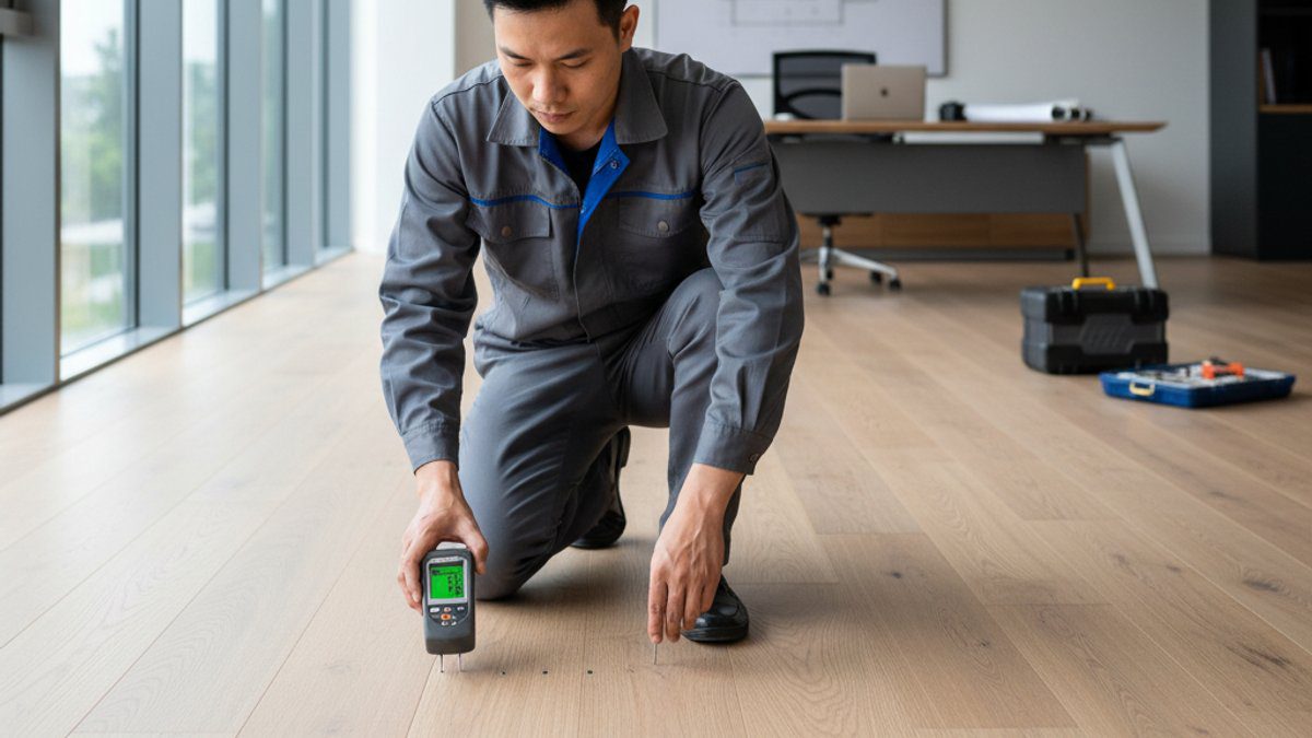 Kỹ thuật viên chuyên nghiệp kiểm tra sàn gỗ sau khi lắp đặt