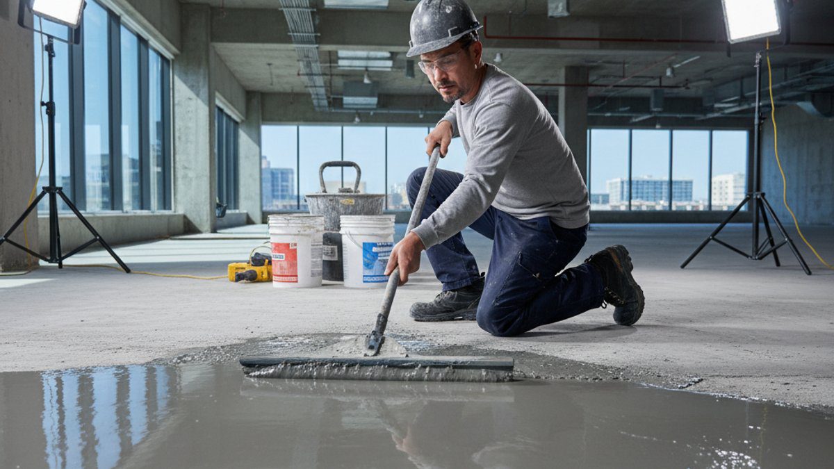 Công nhân đang thi công làm phẳng bề mặt sàn bằng vữa tự san