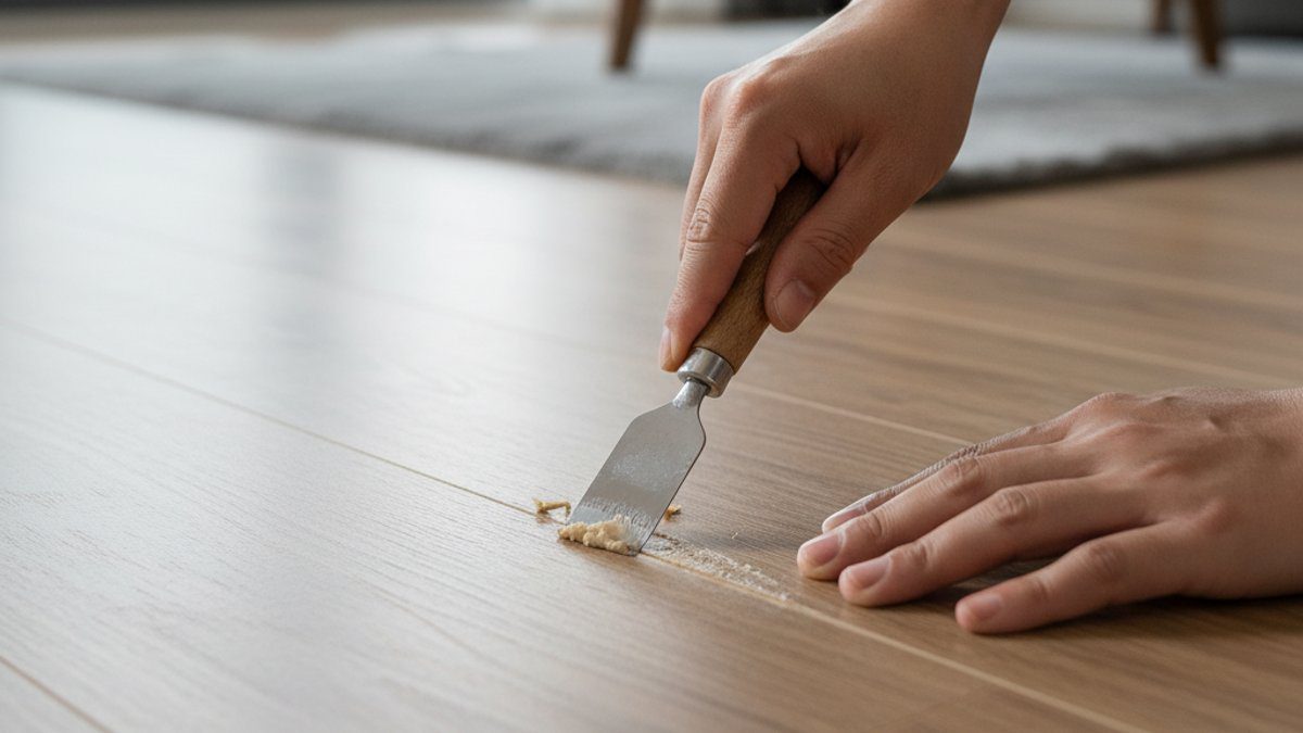Dùng dao cạo làm phẳng sáp thừa trên sàn gỗ