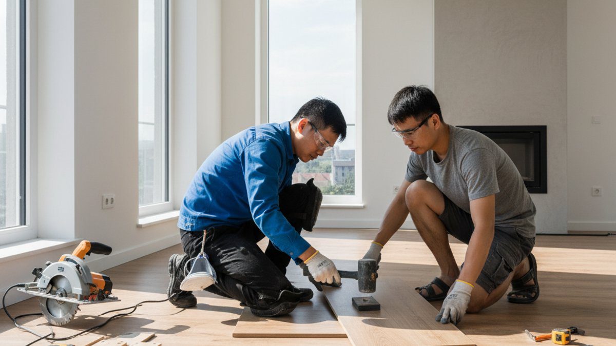 Lắp đặt sàn gỗ công nghiệp mới trong phòng