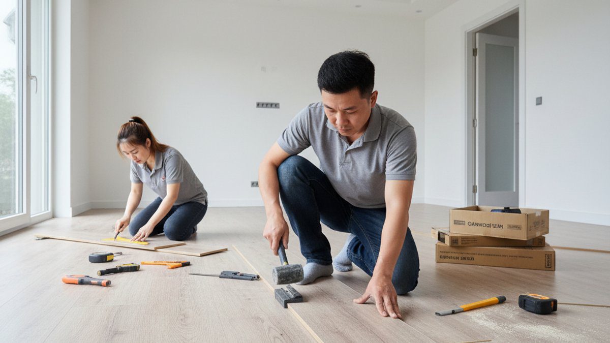 Thợ đang lắp đặt sàn gỗ công nghiệp trong phòng khách