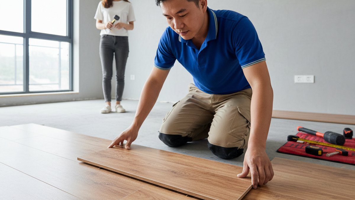 Thợ đang lắp đặt sàn nhựa SPC giả gỗ trong căn hộ