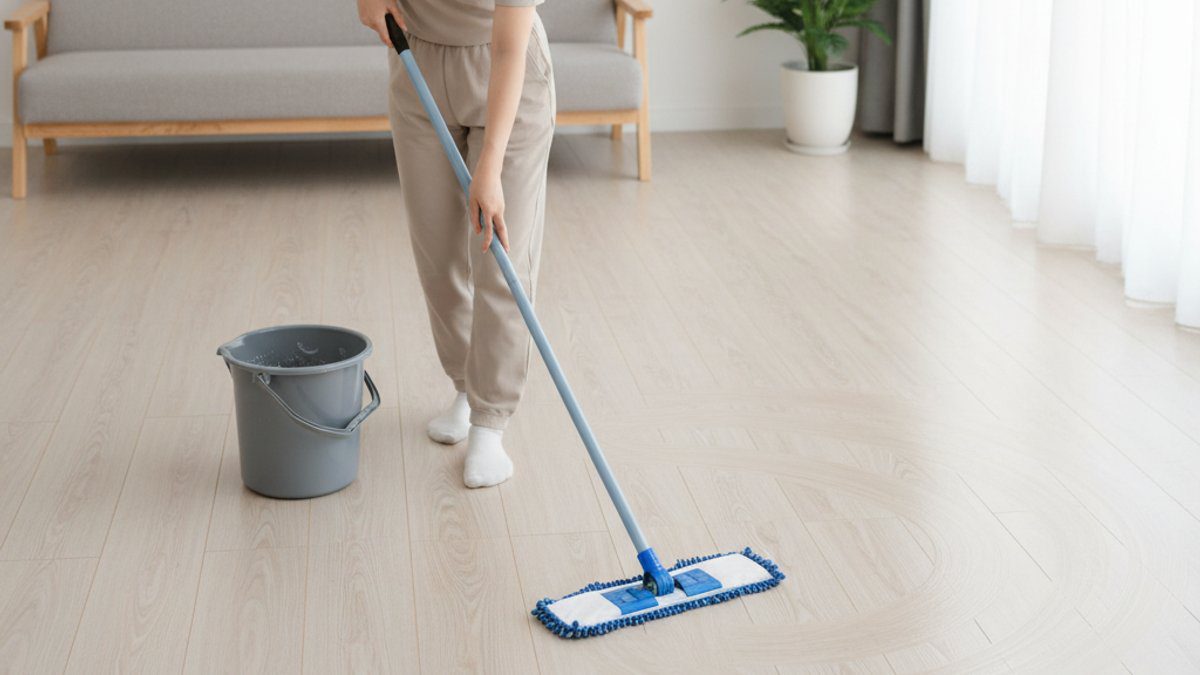 Người Việt đang lau sàn gỗ công nghiệp