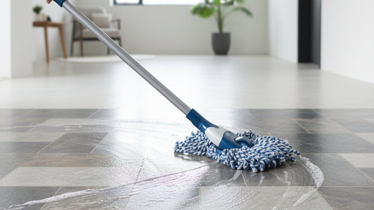 Người đang lau sàn nhựa giả đá với cây lau nhà