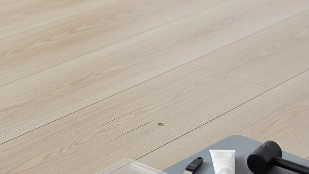 Sàn gỗ công nghiệp với vết xước, vết lõm và dụng cụ sửa chữa