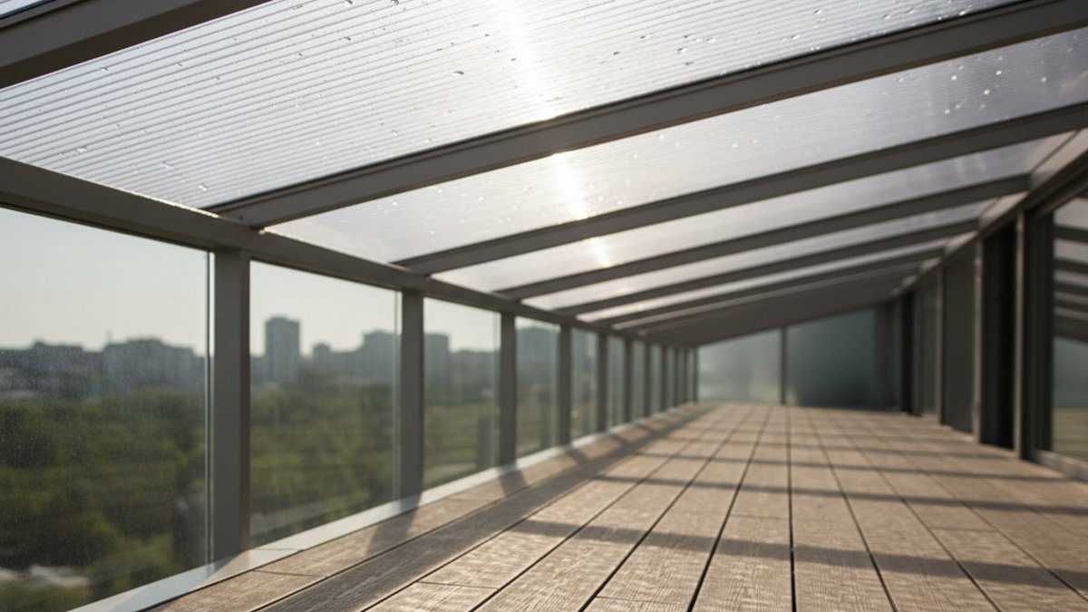 Mái che polycarbonate trong suốt trên ban công, ánh sáng tự nhiên