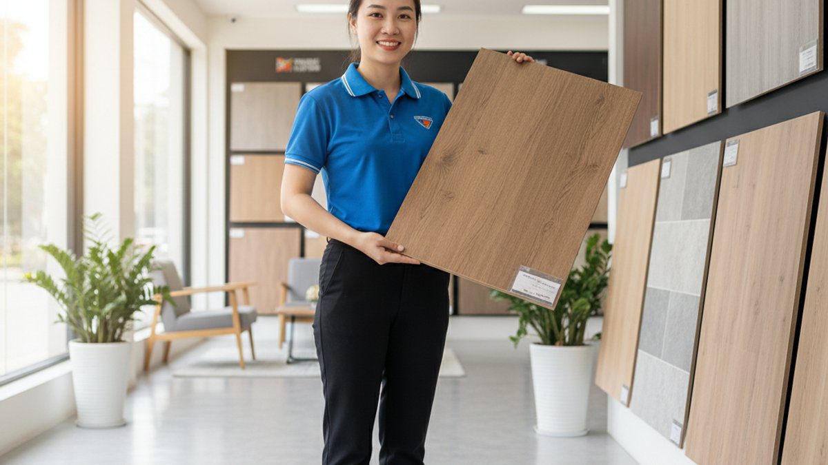 Nhân viên Vua Sàn Gỗ giới thiệu sàn nhựa an toàn