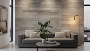 Nội thất phòng khách hiện đại ốp tường gỗ xi măng