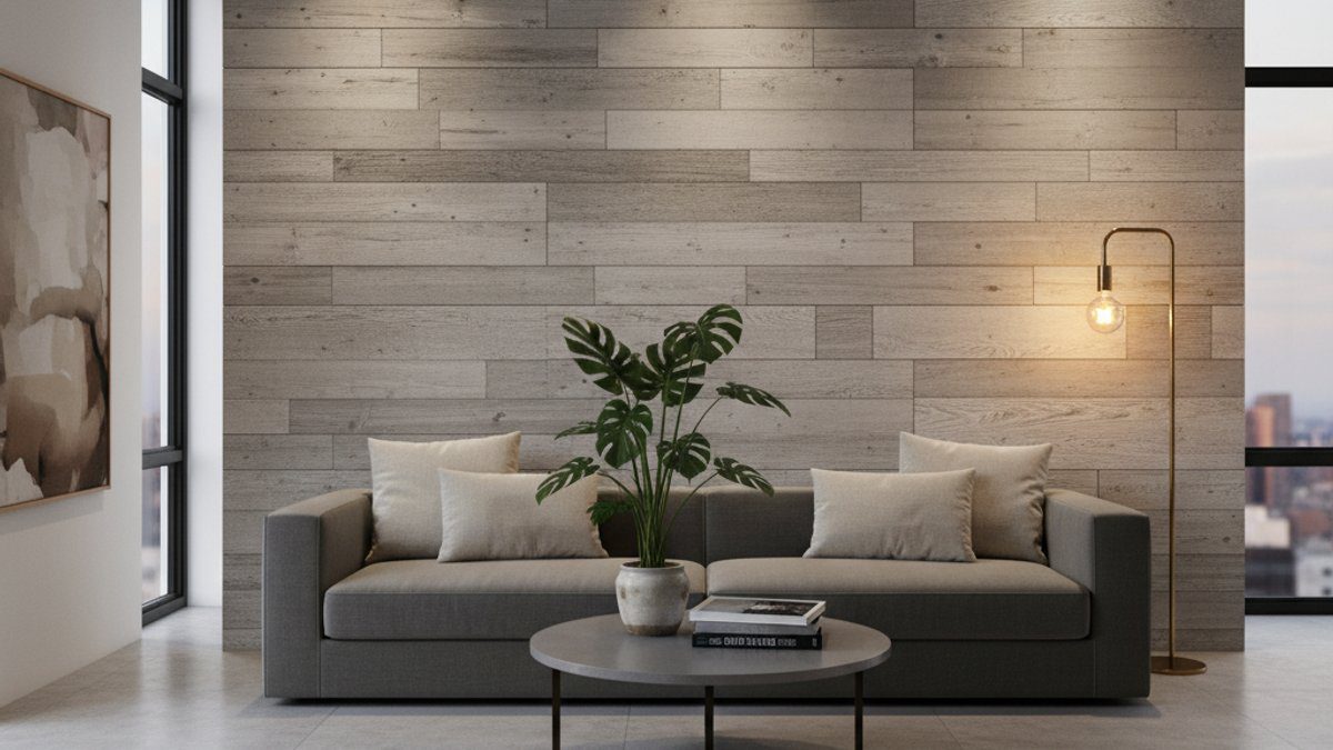 Nội thất phòng khách hiện đại ốp tường gỗ xi măng
