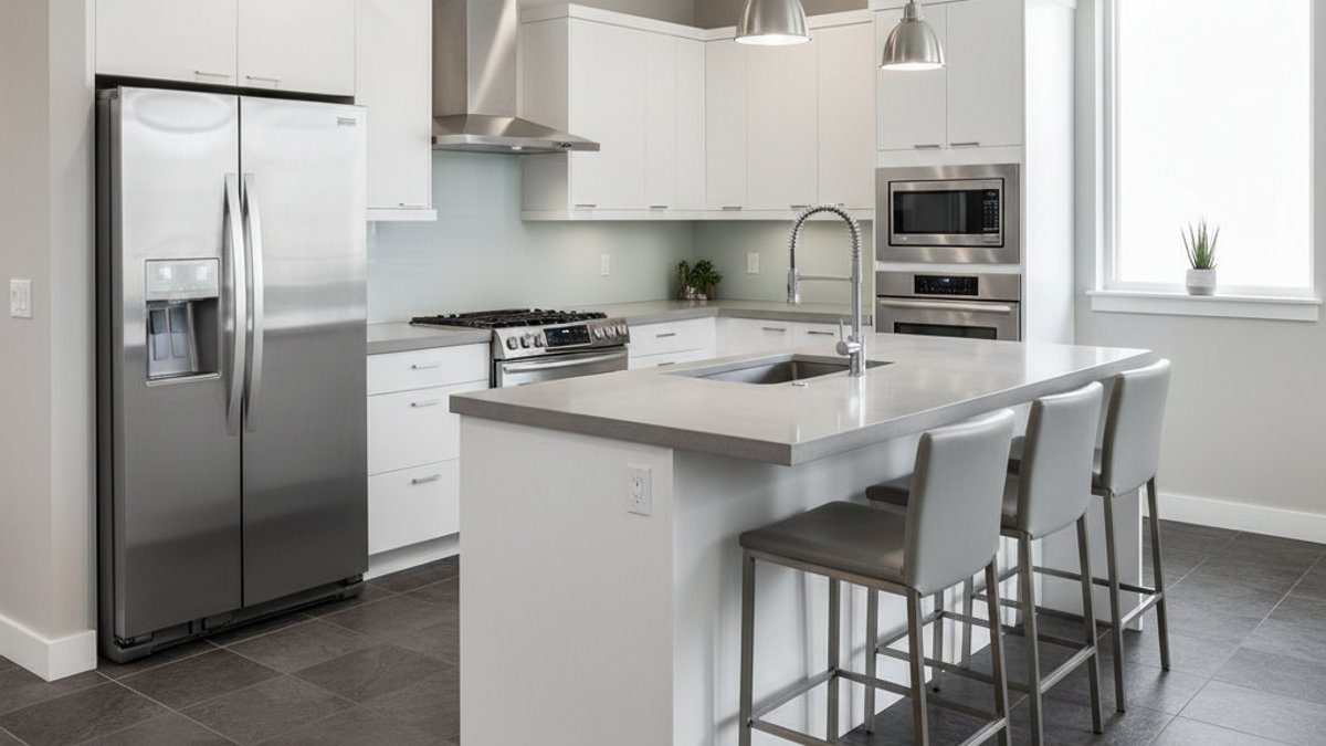 Phòng bếp sàn nhựa SPC giả đá hiện đại