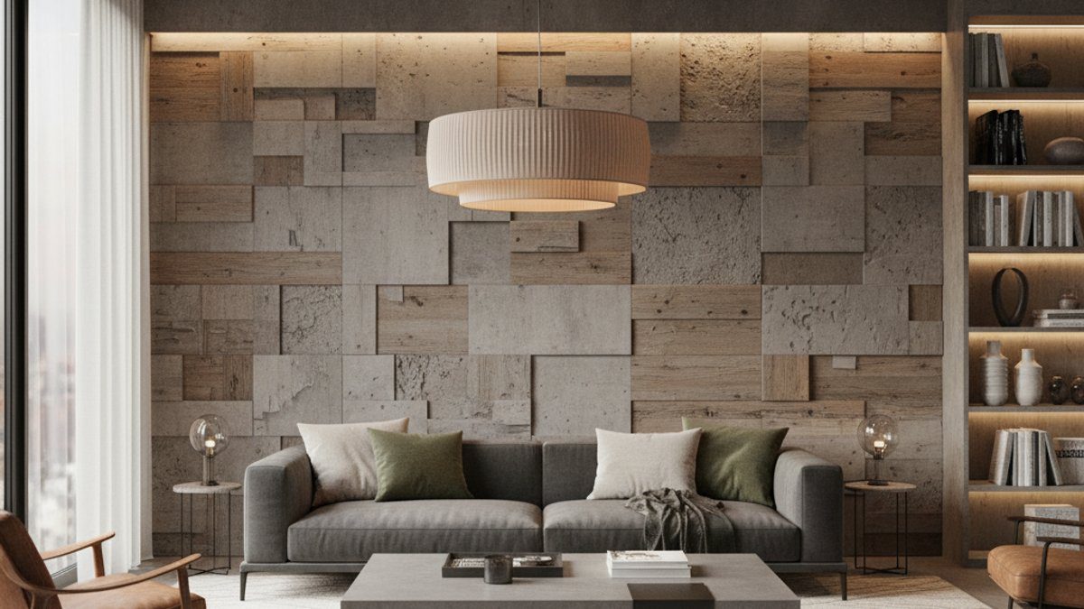 Tường gỗ xi măng hiệu ứng bê tông mài trong phòng khách hiện đại