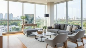 Phòng khách sang trọng với sàn gỗ tự nhiên, ánh sáng ấm áp