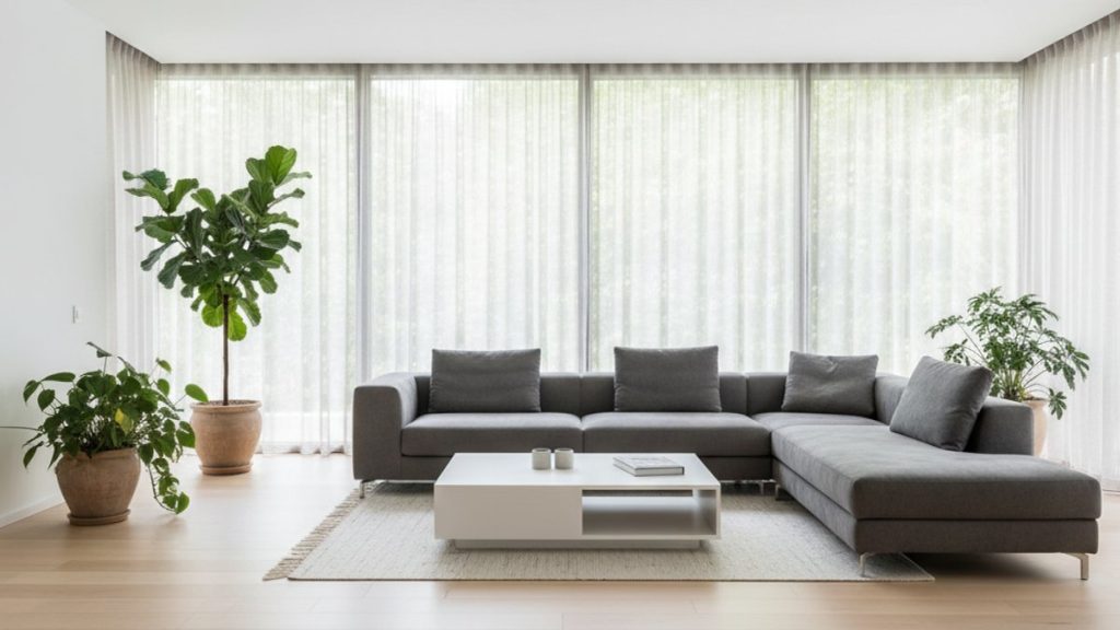 Phòng khách hiện đại với sàn gỗ công nghiệp màu sáng, nội thất tối giản