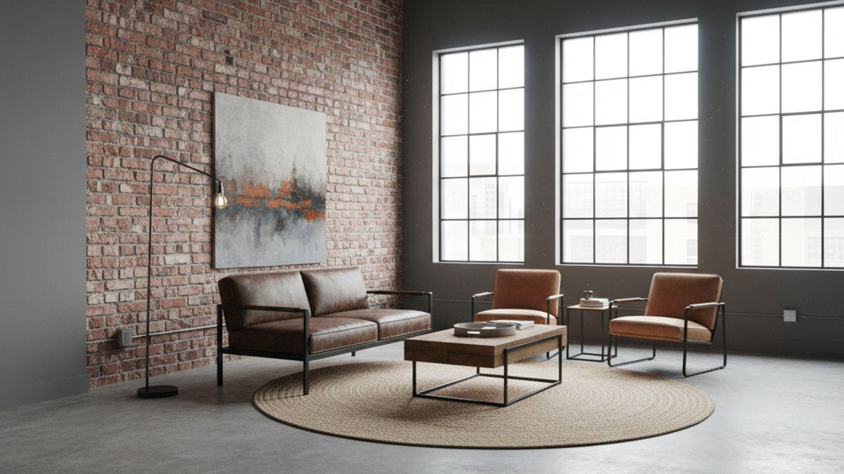 Phòng khách Industrial, sàn nhựa giả bê tông, giấy dán tường gạch