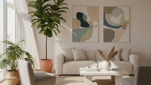 Phòng khách sàn gỗ công nghiệp, cây xanh lớn, ánh sáng tự nhiên