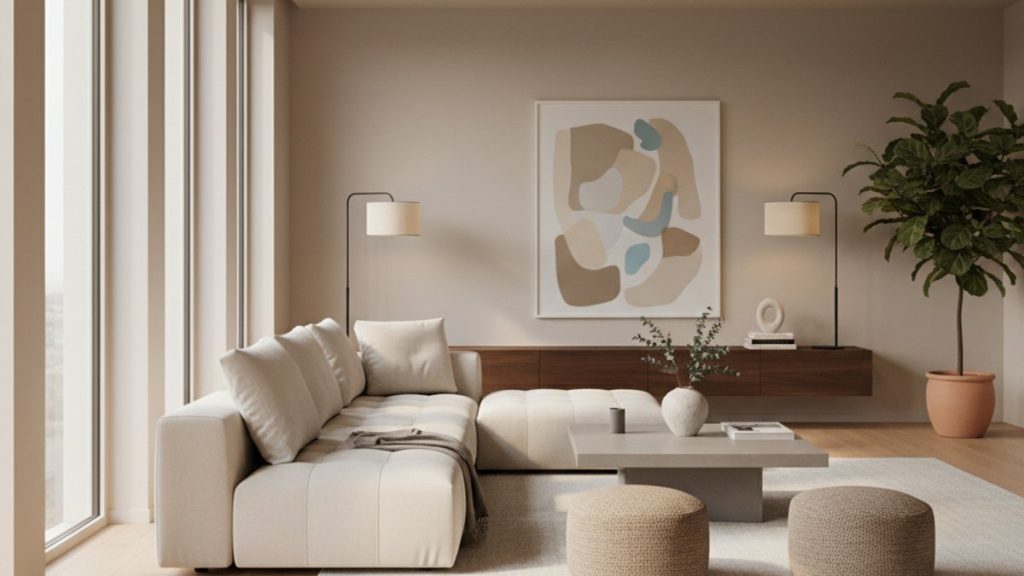 Phòng khách với sàn gỗ công nghiệp màu gỗ tự nhiên, nội thất hiện đại