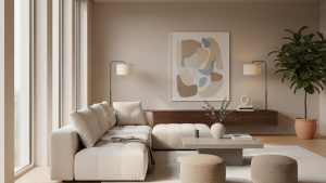 Phòng khách với sàn gỗ công nghiệp màu gỗ tự nhiên, nội thất hiện đại