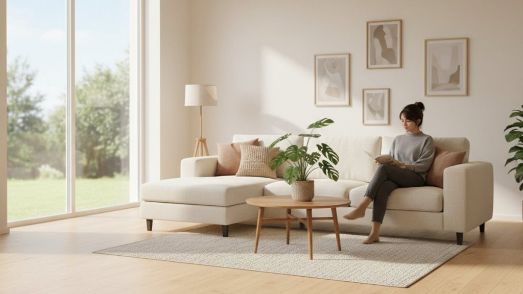 Phòng khách hiện đại sàn gỗ công nghiệp tự lắp đặt