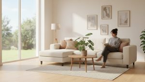 Phòng khách hiện đại sàn gỗ công nghiệp tự lắp đặt