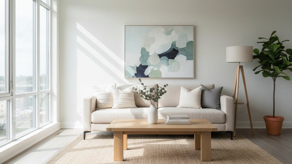 Phòng khách sàn gỗ công nghiệp sáng màu