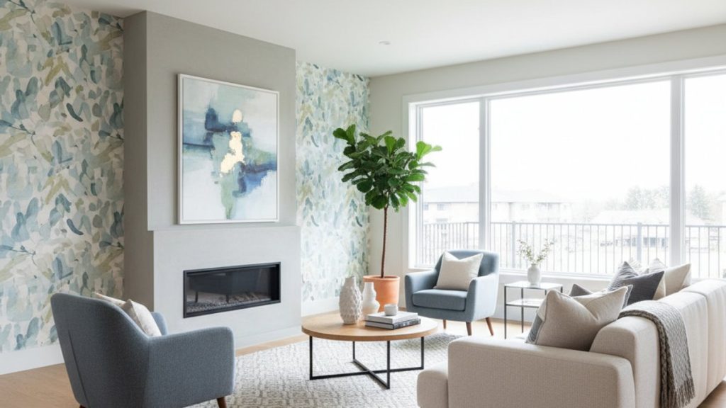 Phòng khách hiện đại, sàn gỗ sồi, giấy dán tường họa tiết nhẹ nhàng