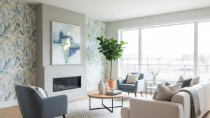 Phòng khách hiện đại, sàn gỗ sồi, giấy dán tường họa tiết nhẹ nhàng