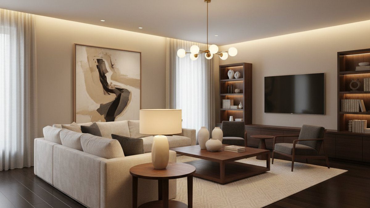 Phòng khách sàn gỗ tối màu sang trọng