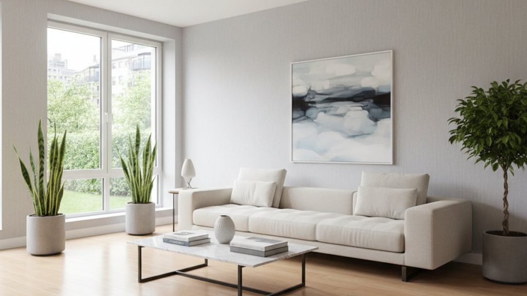 Phòng khách tối giản sàn gỗ công nghiệp sáng màu, giấy dán tường nhẹ nhàng