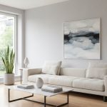 Phòng khách tối giản sàn gỗ công nghiệp sáng màu, giấy dán tường nhẹ nhàng