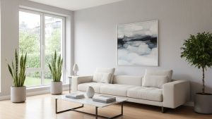 Phòng khách tối giản sàn gỗ công nghiệp sáng màu, giấy dán tường nhẹ nhàng