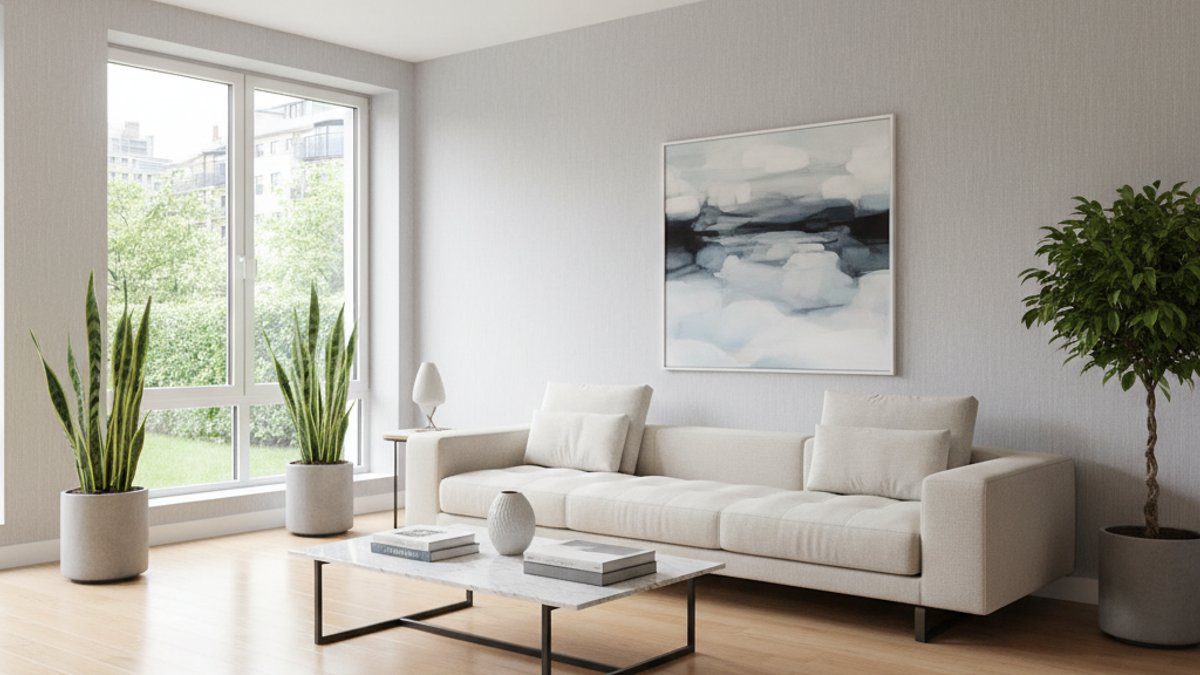 Phòng khách tối giản sàn gỗ công nghiệp sáng màu, giấy dán tường nhẹ nhàng