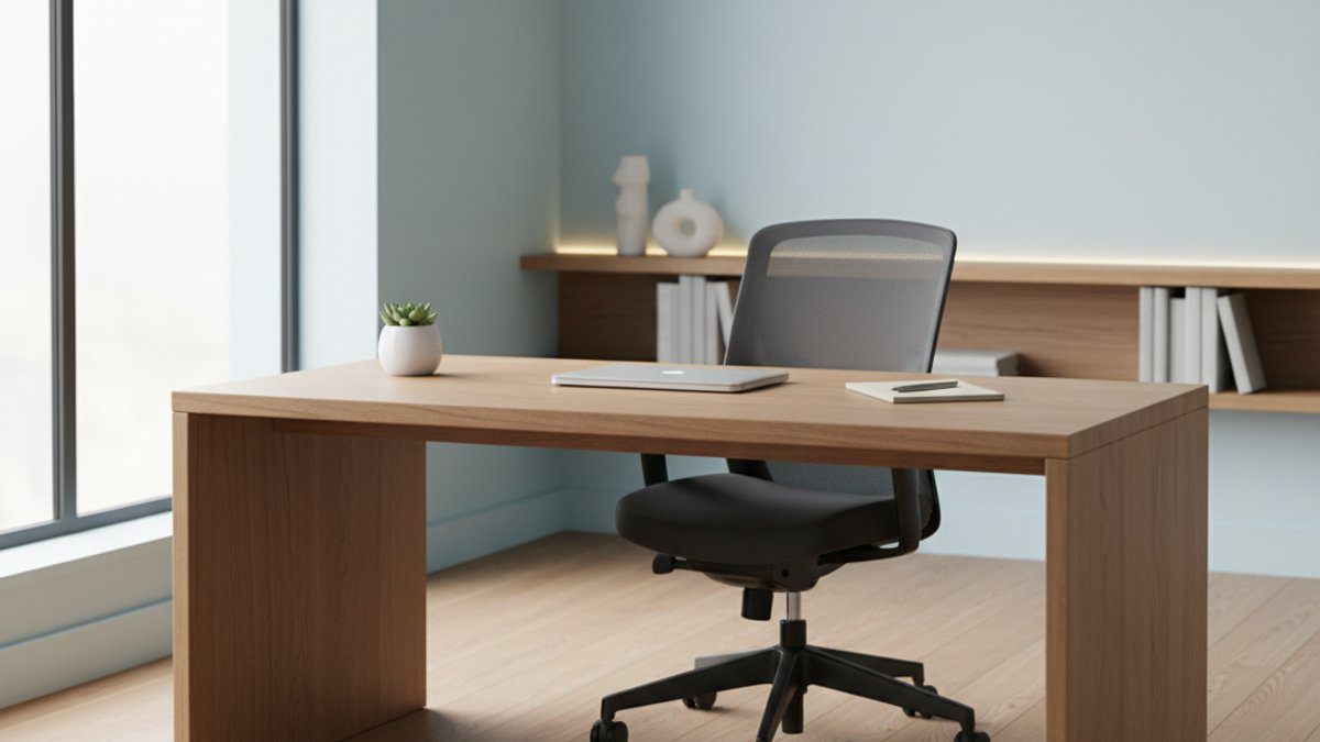 Phòng làm việc sàn gỗ màu trung tính