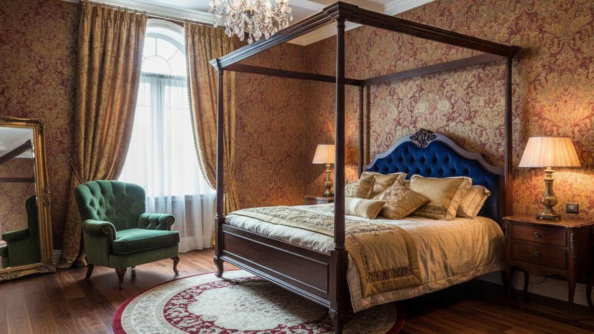 Phòng ngủ cổ điển, sàn gỗ óc chó, giấy dán tường damask