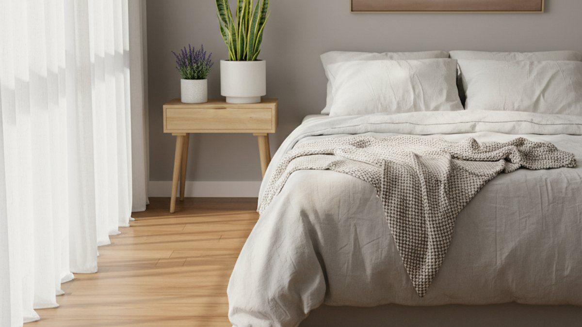 Phòng ngủ ấm cúng với sàn gỗ và cây lưỡi hổ