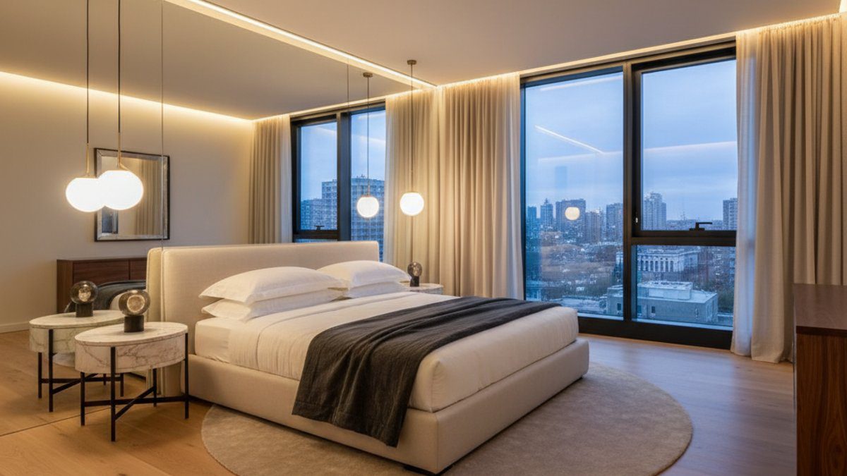 Sàn gỗ công nghiệp màu trung tính trong phòng ngủ hiện đại