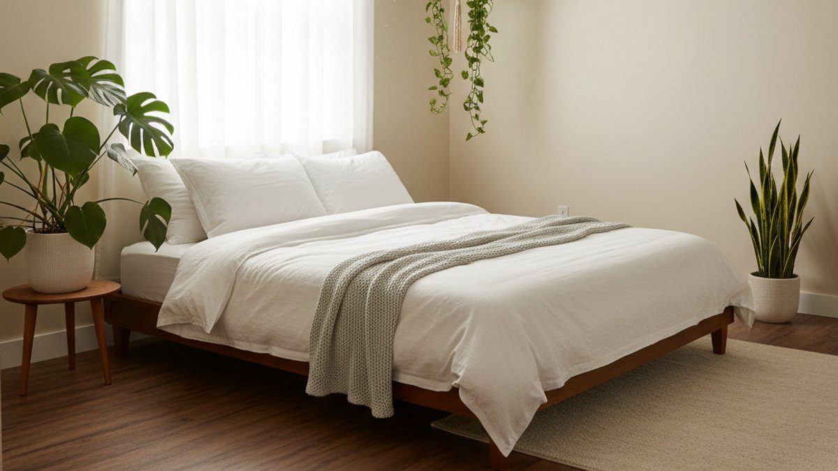 Phòng ngủ sàn nhựa giả gỗ màu trung tính