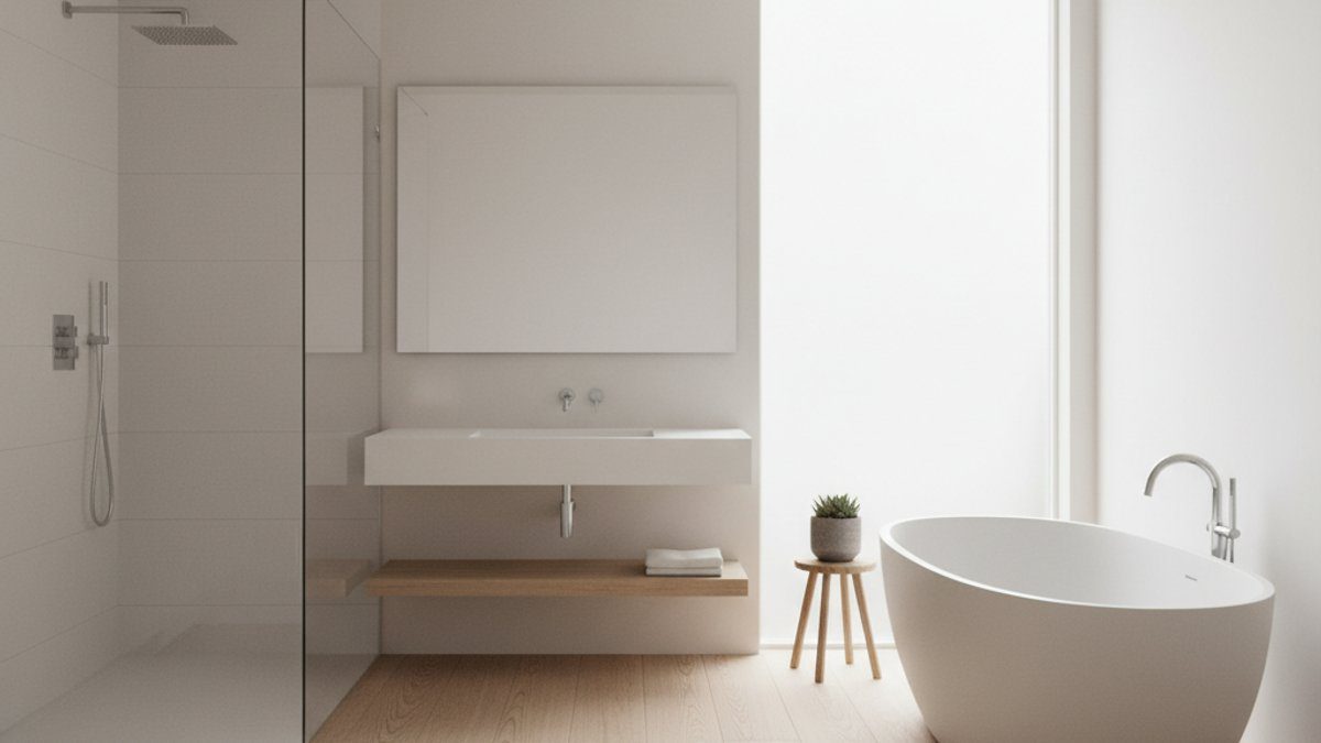Thiết kế phòng tắm hiện đại tối giản với sàn gỗ tự nhiên