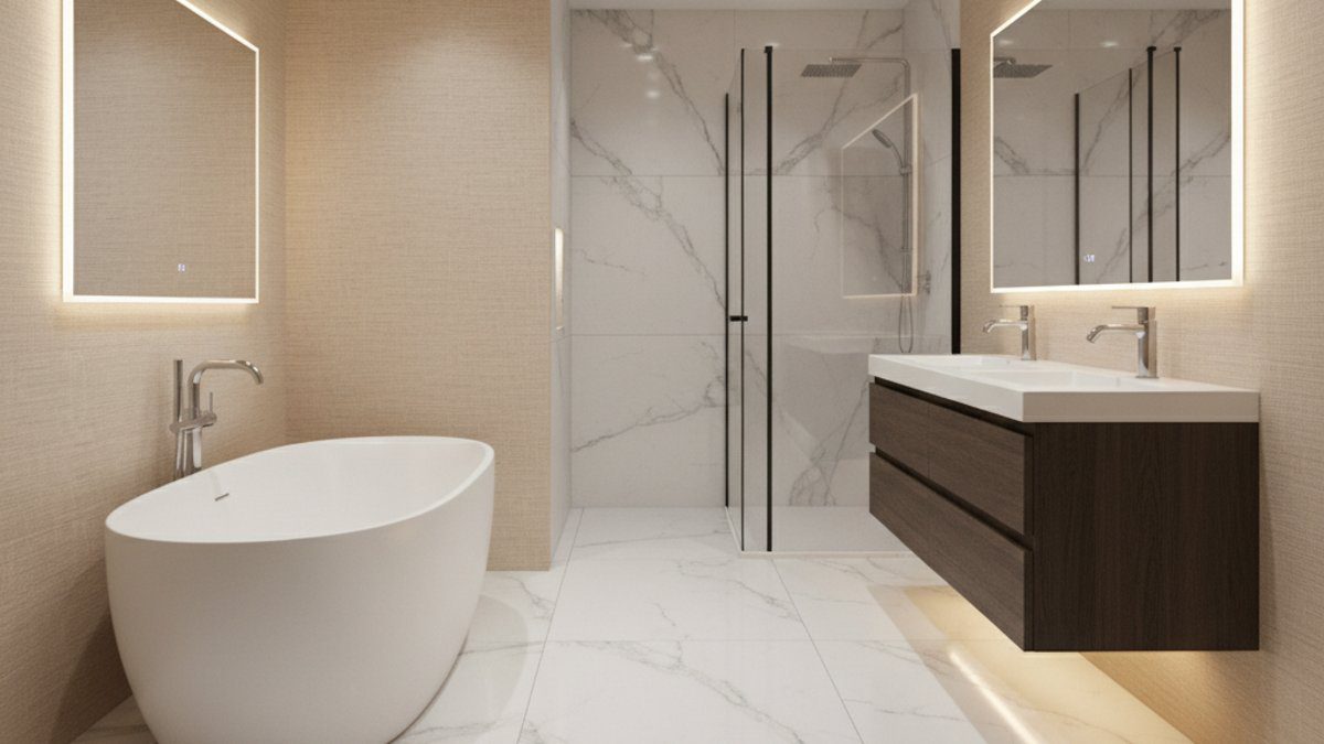 Phòng tắm sang trọng, sàn nhựa SPC giả đá marble, giấy dán tường vân nhẹ