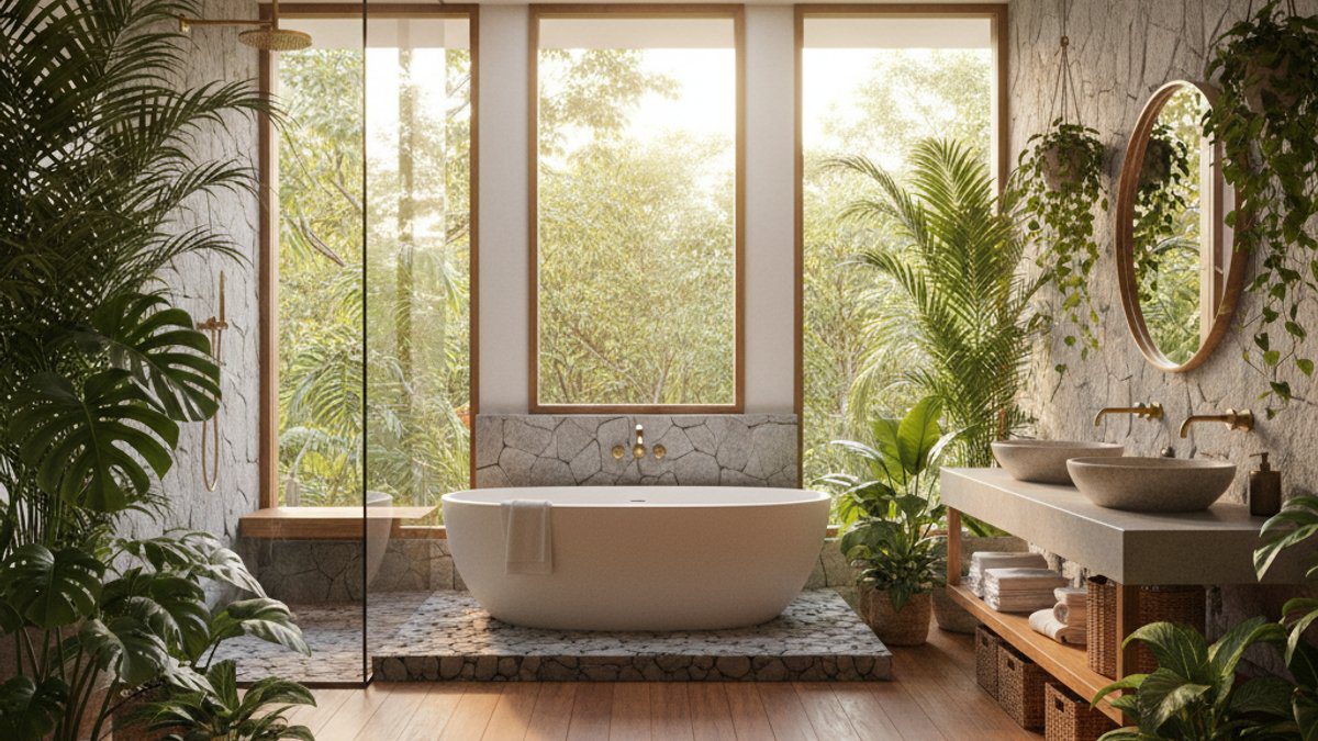 Phòng tắm Tropical Oasis với sàn gỗ tự nhiên và cây nhiệt đới