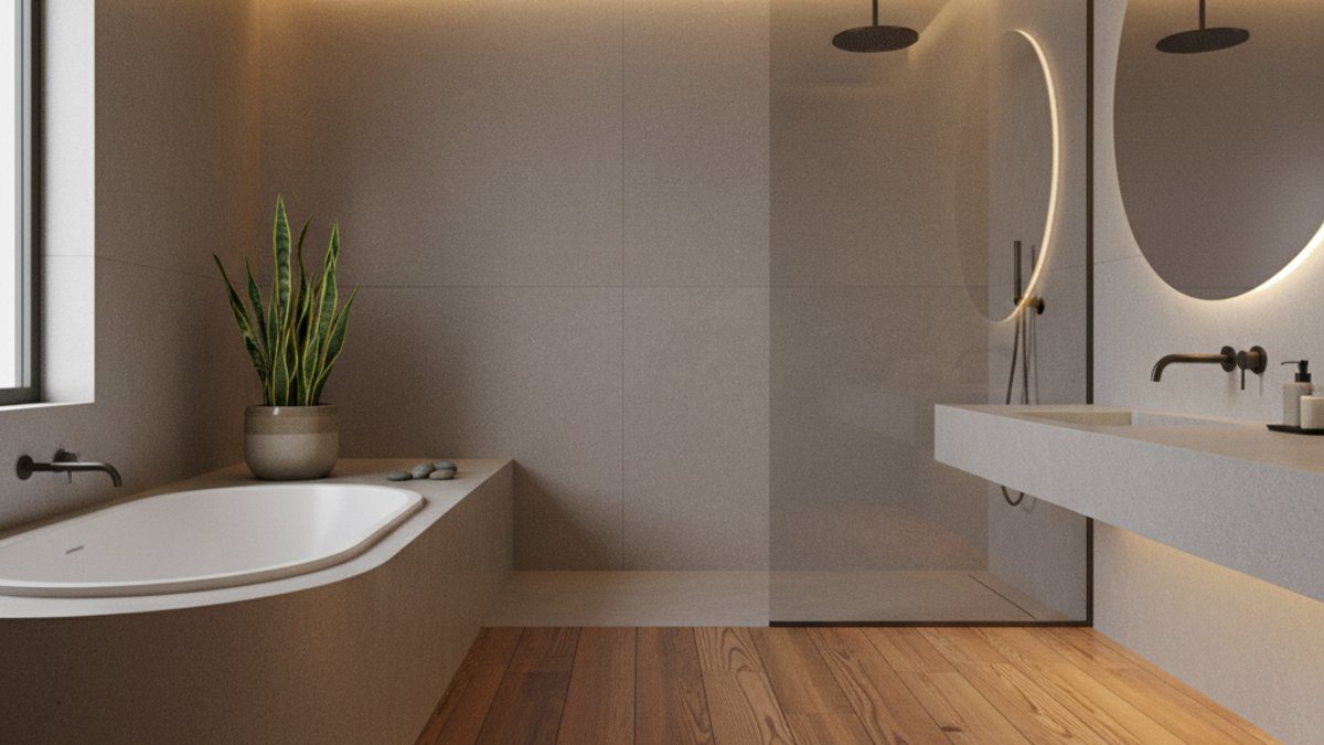 Thiết kế phòng tắm Zen với sàn gỗ tự nhiên và cây xanh