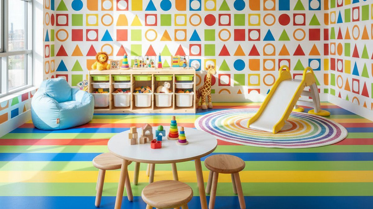 Phòng trẻ em, sàn nhựa màu sắc, giấy dán tường họa tiết hình học
