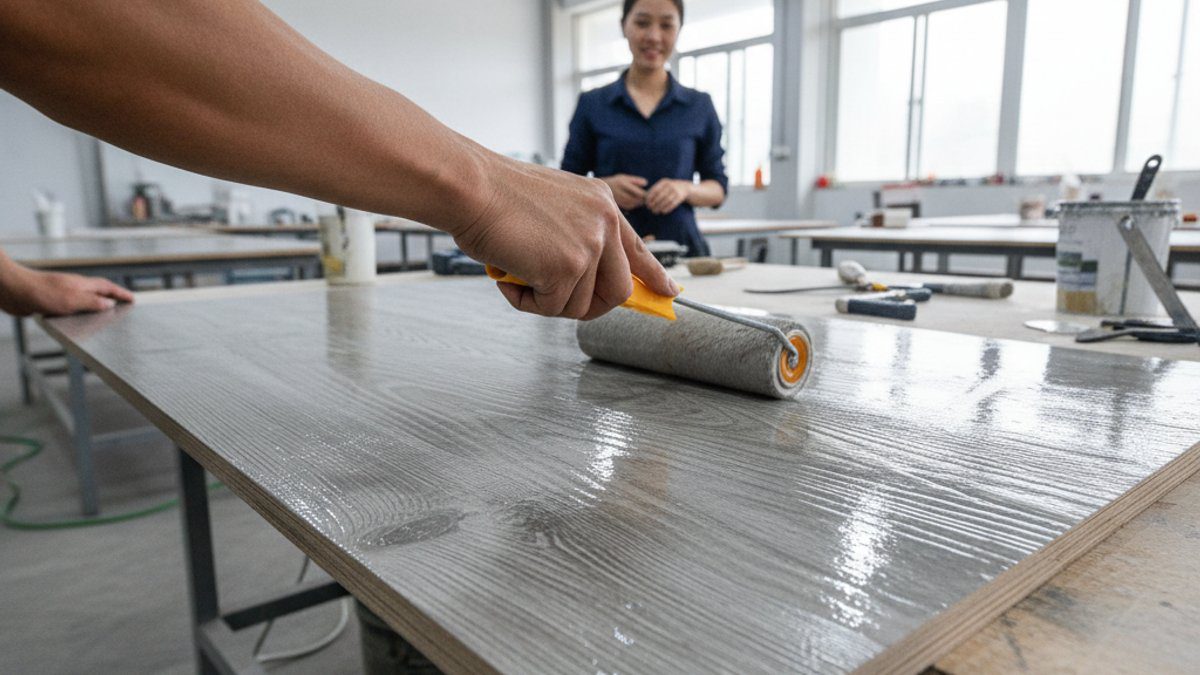 Người thợ phủ lớp bảo vệ lên gỗ xi măng