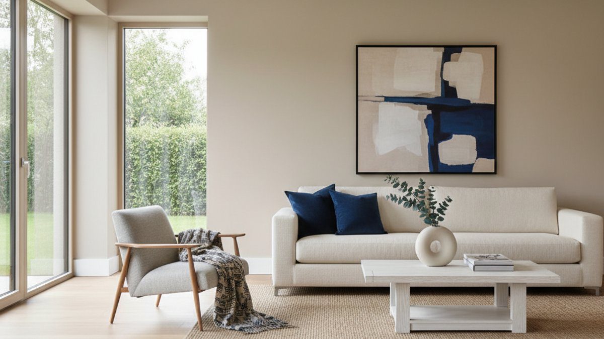 Phòng khách ứng dụng quy tắc 60-30-10 với sàn gỗ