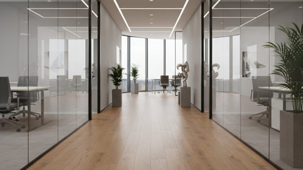 Sàn gỗ công nghiệp hoặc sàn nhựa SPC trong showroom hiện đại