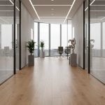 Sàn gỗ công nghiệp hoặc sàn nhựa SPC trong showroom hiện đại