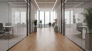 Sàn gỗ công nghiệp hoặc sàn nhựa SPC trong showroom hiện đại