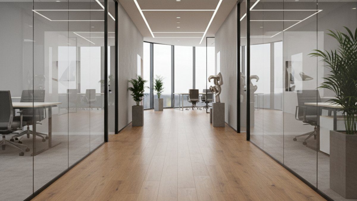 Sàn gỗ công nghiệp hoặc sàn nhựa SPC trong showroom hiện đại