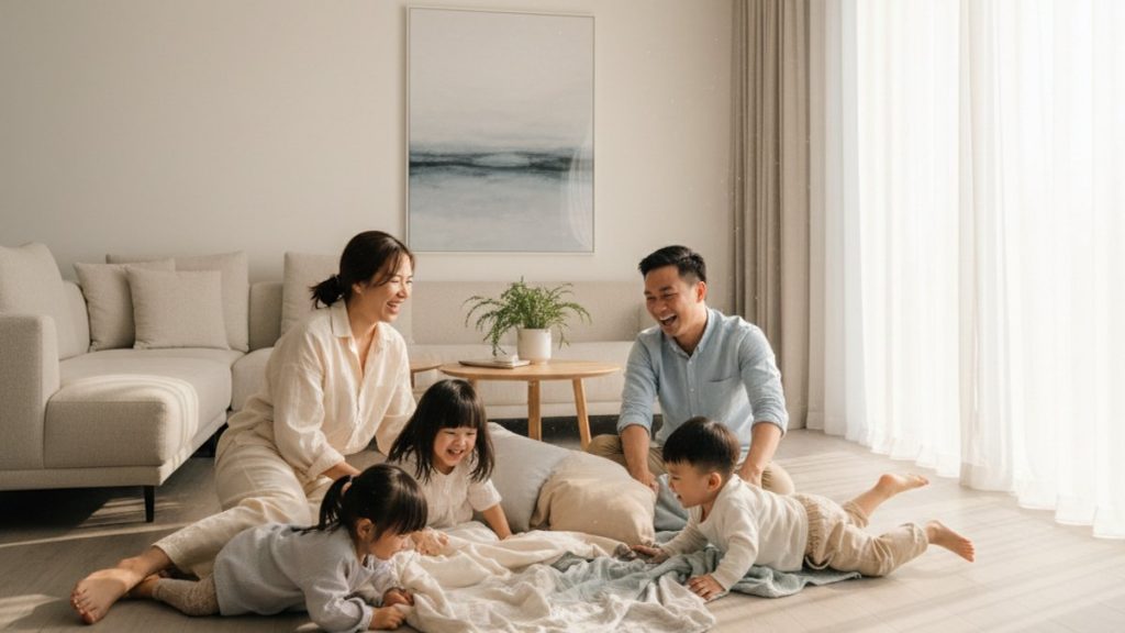 Gia đình hạnh phúc chơi trên sàn gỗ công nghiệp an toàn