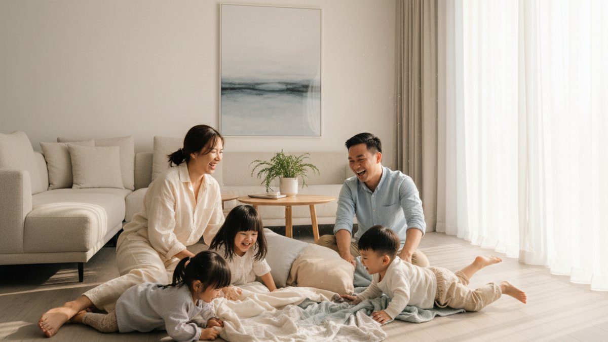 Gia đình hạnh phúc chơi trên sàn gỗ công nghiệp an toàn